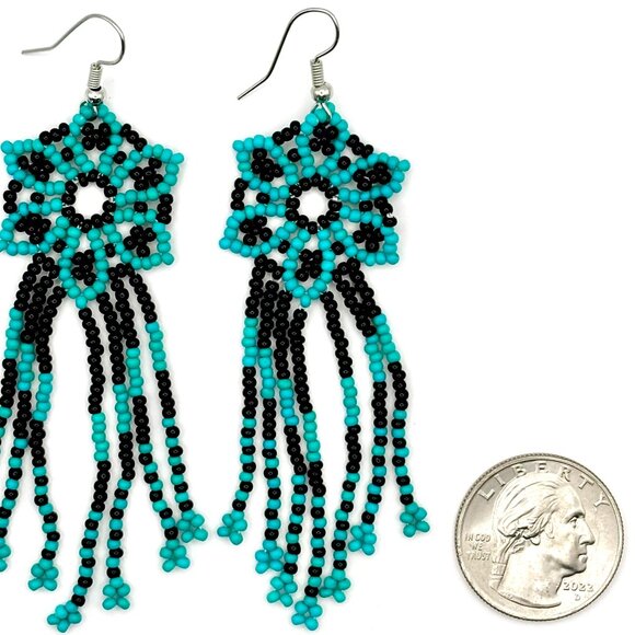 3 1/2" Boho Turquoise & Black Flower Tasseled Hand Beaded Tassel Dangle Earrings - Picture 4 of 4
